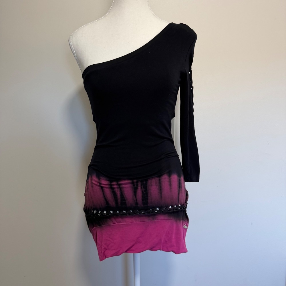 Foxy Jeans One Shoulder Tie Dye Ombre Top Womens Small Black Pink Y2K Grunge
